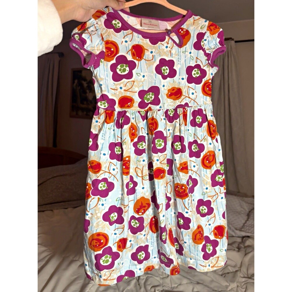 Hanna Andersson Girls Retro Floral Dress Size 100 US 4T Short Sleeve Pinstripe